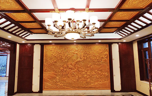 成武中式别墅客厅中式木作横梁吊顶装饰展示